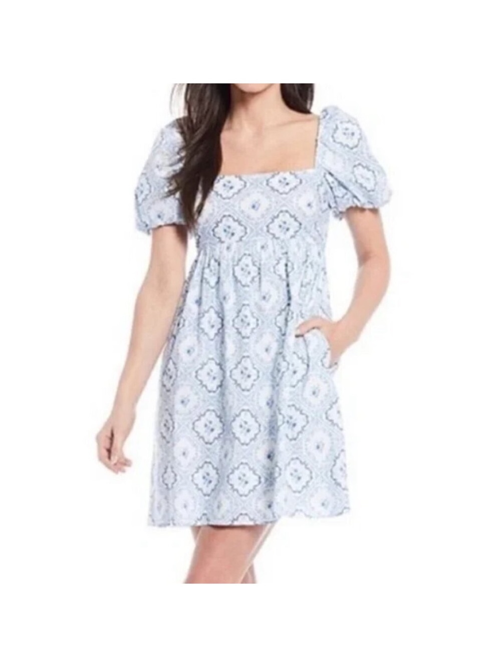 ANTONIO MELANI x Born on Fifth Light Blue Floral Square-Neck Puff Sleeve Dress